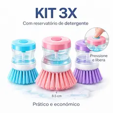 Kit 3-1 Escova Lava Louças Com Dispenser Sabão Detergente Reservatório Limpeza Cozinha Multiuso