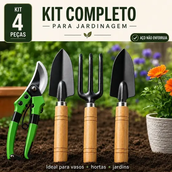 KIT Ferramentas Jardinagem 4 Peças - Tesoura de Poda e KIT jardim para flor plantas areia adubo