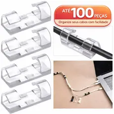 Kit 100-20 Clips Organizador Fios Cabos Autoadesivo Transparente Fixador Parede Mesa Alta Fixação