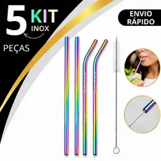 Kit 5 Peças Canudo Inox Colorido Reutilizável Curvo e Reto Com Escova Limpeza Drink Suco