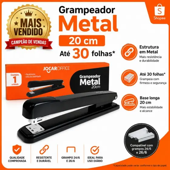 Grampeador Leonora Metal 20cm para 30 Folhas Escolar Escritório Papelaria