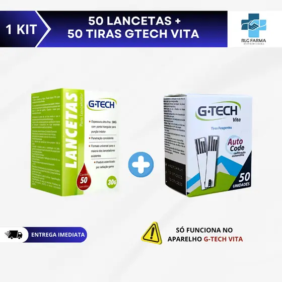 kit 50 Tiras para Medição de Glicose G-tech Vita + 50 Lancetas para Lancetador