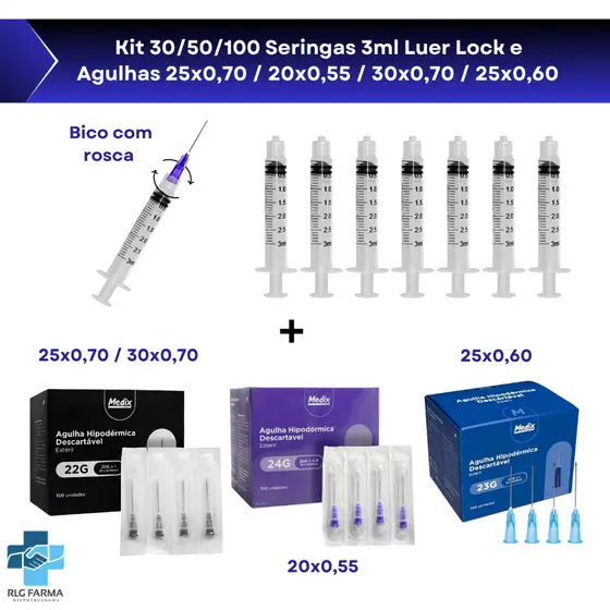 Kit com 30/50/100 Unidades de Seringa de 3ml Luer Lock Rosca Mais Agulha 25x7 / 30x7 / 20x55