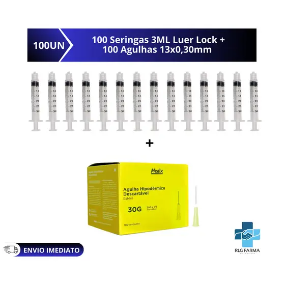 Kit 100 Seringas 3ml Bico Luer lock Rosca + 100  Agulhas 13x0,30 30G Amarela