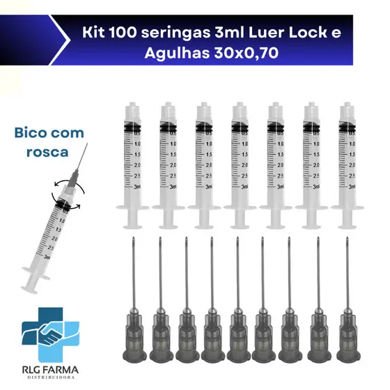kit 100 Seringas 3ml Luer Lock + 100 agulhas 30x0,70 + 50 agulhas 25x0,60 + 50 agulhas 20x0,55