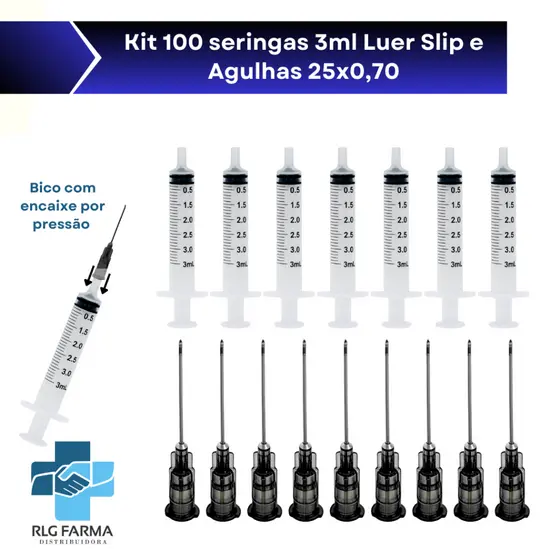 Kit 100 Seringas 3ml Bico Luer Slip + 100 Agulhas 30x0,7 / 25x0,7 Descarpack **ENVIO IMEDIATO**
