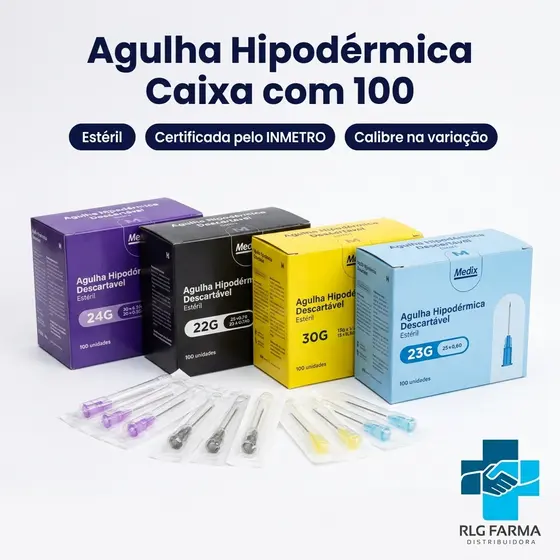 Agulhas 25X0,70 / 25x0,60 / 30x0,70 / 20X0,55 / 13X0,30mm Hipodérmica Descartável Caixa C/100 - Medix
