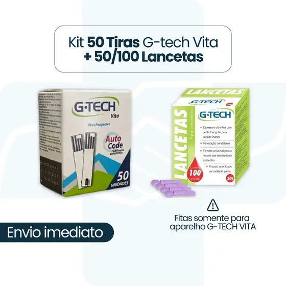 Kit 50 Tiras para Medição de Glicose G-tech Vita + 50/100 Lancetas para Lancetador 28g/30g