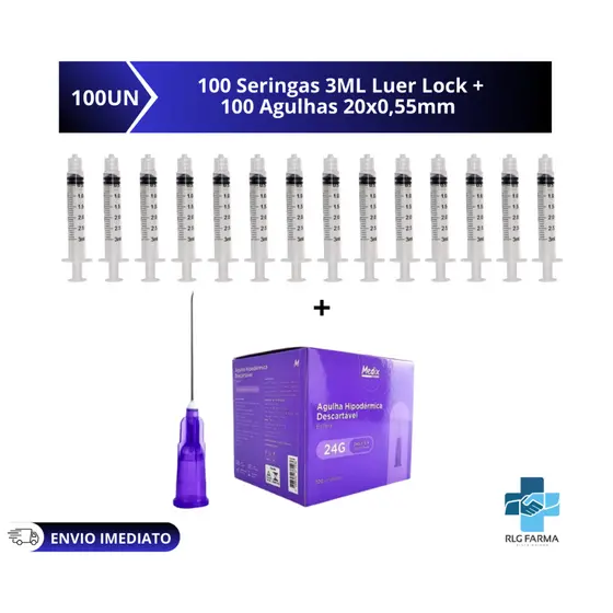 Kit 100 Seringas 3ml Bico Luer lock Rosca + 100 Agulhas 20x0,55 Medix