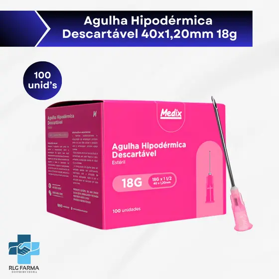 Agulha 40x1,20MM (18Gx1 1/2) Hipodérmica Descartável Medix 30 50 e 100 UN