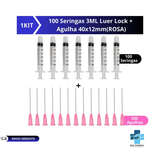 Kit com 100 Seringas 3ml Bico Luer lock Rosca +100 Agulhas 40x12mm(ROSA)