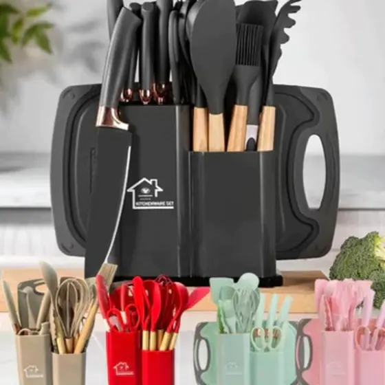 Kit Utensílios de Cozinha 19 Peças • Silicone com Cabo de Madeira • Completo e Resistente