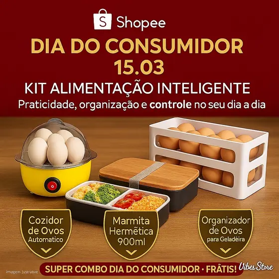 Kit Alimentação Inteligente™ Marmita com Divisórias + Porta Ovos + Cozedor de Ovos