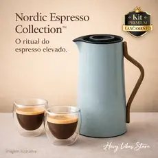 Kit Garrafa Térmica Jarro 1L + 2 Copos Vidro Dupla Camada 90ml Espresso Café Elegante Prem