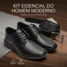 Kit Sapato Social Masculino Preto Confortável Macio Leve Porta Cartão e Cinto Resistente
