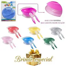 kit alimentação bebê 3 peças Prato Infantil colherzinha garfo e ventosa + brinde