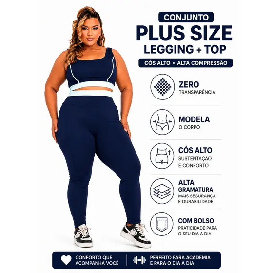 Conjunto Fitness Premium Plus Size Legging Top Cós Alto Modela Corpo Alta Compressão Zero Transparência Academia