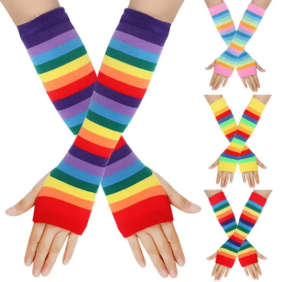 Luvas Sem Dedos De Malha Arco-Íris | Mangas Listradas Coloridas Elásticas Unissex Para Festa Cosplay