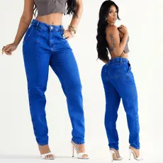 CALÇA MOM JEANS FEMININA 100% ALGODÃO COM PINÇAS BOLSO FACA CINTURA ALTA