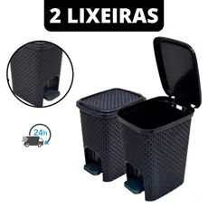 2 kit Lixeiras Com Pedal 7 Litros Com Tampa Preto Rattan Casa Escritório Banheiro Cozinha Lixo Lixeira