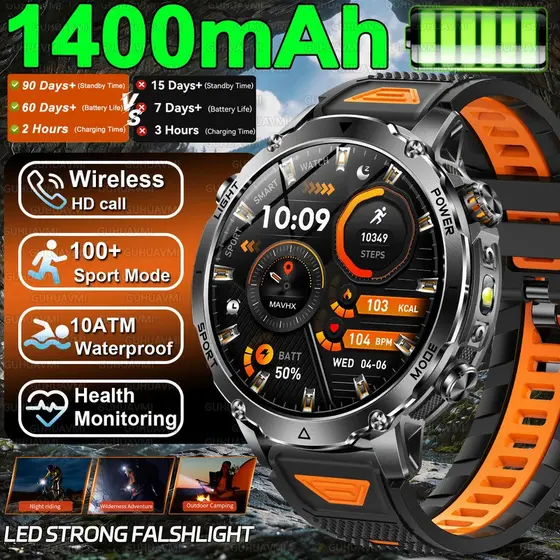2026 Novo Militar Ao Ar Livre 1400mAh Bateria Smartwatch Relógio Inteligente À Prova Dwaterproof Água Lanterna HD BT Cha