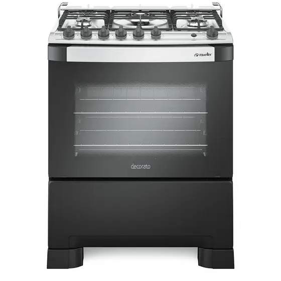 Fogão Mueller 5 bocas Decorato Gourmet Preto Fosco com Timer e Tripla Chama