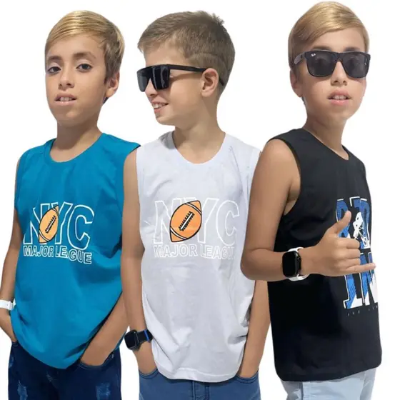Kit 3 Camisetas Regatas Infantil Juvenil Masculina menino algodão verão 10 ao 16