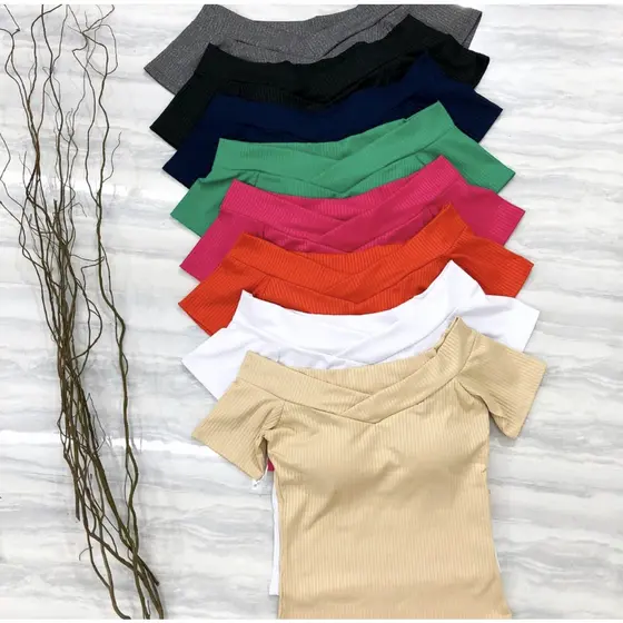 Blusa Ombro A Ombro Canelada Com Bojo Varias Cores Feminina