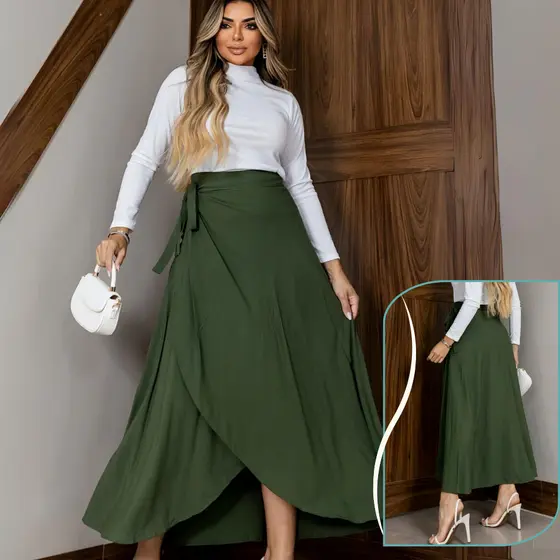 Saia Envelope Transpassada Feminina Amarração Longa Trabalho Evangélica Midi Viscolinho Elegante