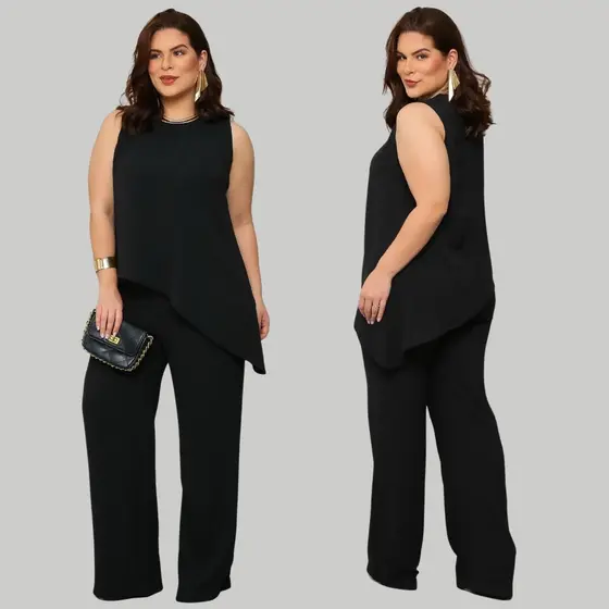 Conjunto Feminino Plus Size 2 Peças Blusa Regata Com Bainha Assimétrica e Calça Pantalona Reta Bolso