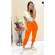 Calça Jogger Feminina Trabalho Bolsos Laterais Elástico Cintura Viscolinho Casual Moderna Confortável