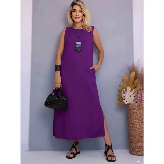 Vestido Midi Com Bolsos e Fendas Laterais Em Linho Forrado Confortável Casual Trabalho Elegante