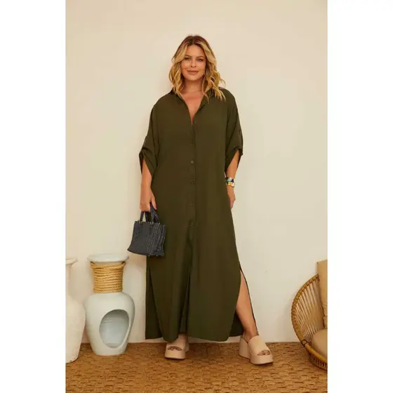 Vestido Chemise Plus Size Viscolinho Manga 3/4 Casual Chic Elegante