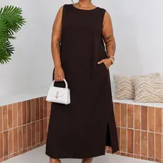 Vestido Feminino Longo Plus Size Bolsos e Fendas Laterais Evangélico Casual Trabalho de Marrante