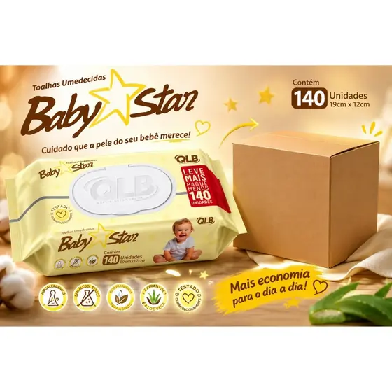 Kit 3 Pacotes Toalhas Umedecidas Baby Star 140 Unidades – Total 420 Toalhas