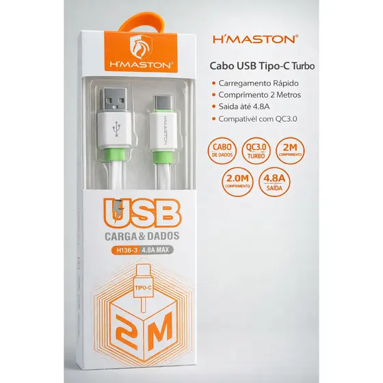 Cabo USB-A para USB-C Carga e Dados 2 metros H'maston