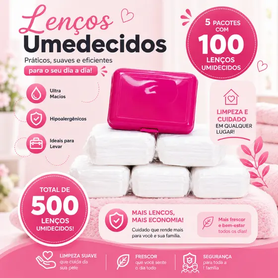 KIT com 500 Lenços/Toalhas Umedecidas e Maleta Porta lenços
