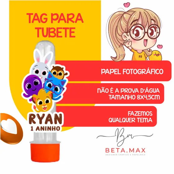 TAGS PARA TUBETE PAPEL FOTOGRÁFICO ALTURA 8CM LARGURA PROPORCIONAL - BOLOFOFO MENINA - FAZEMOS QUALQUER TEMA