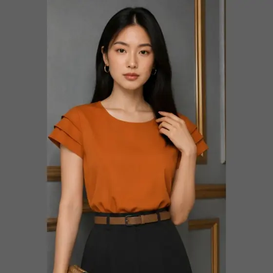 Blusa Manga Curta Feminina Social Para Compor Looks e Delicada Manga com Babados Romântica Lisa Elegante Moda Evangéli