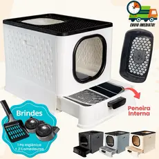 Caixa de Areia Fechada Para Gatos Banheiro Higiênico Luxo Porta Transparente + Pá + 02 Comedouros