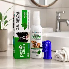 Kit Higiene Bucal Dental Pet Para Cães e Gatos Gel 90g + Spray Mal Hálito 120ml + Escova Dedeira