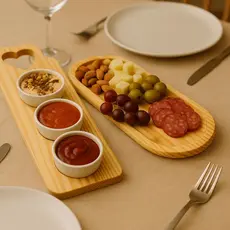 Kit Tábua Servir Frios Petiscos 3 Ramequins Porcelana Molhos Temperos Bandeja Madeira Pinus