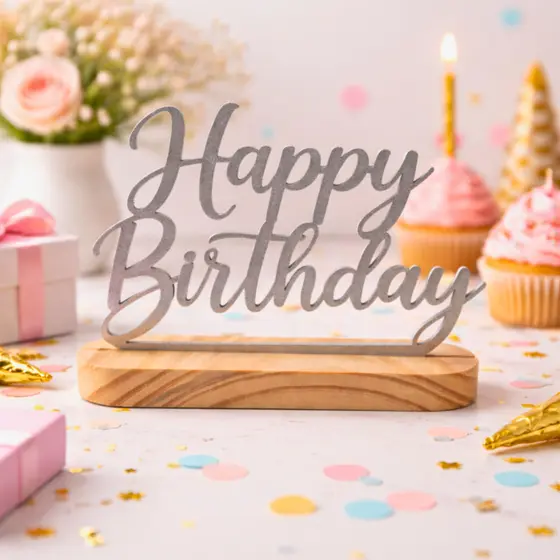 Plaquinha Centro de Mesa Decorativa de Aniversario Happy Birthday em Madeira Pinus e Mdf