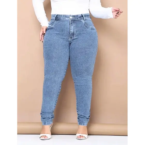Calça Jeans Feminina Plus Size Skinny Com Lycra Cintura Alta Elastano Costura Reforçada