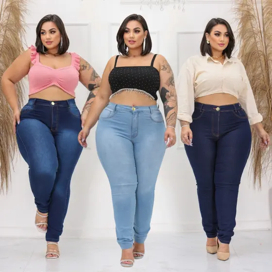 Calça Jeans Feminina Plus Size Skinny Com Lycra Cintura Alta Elastano Costura Reforçada