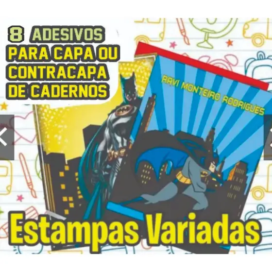 Adesivos para Capa de Caderno GRANDE (Kit com 8 unidades) ESTAMPAS E TEMAS VARIADOS