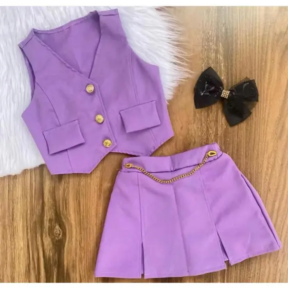 Conjunto Infantil e Juvenil 4 a 16 Anos Menina Alfaiataria Colete e Short Saia Modinha Blogueirinha