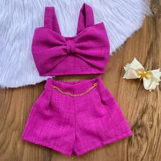 Conjunto Linho Infantil Menina do 2 ao 10 Anos Cropped Laço Moda Blogueirinha Verão