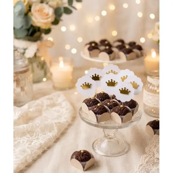 kit Toppers Docinhos Realeza Coroa lamicote dourado 3D para brigadeiros e cupcakes