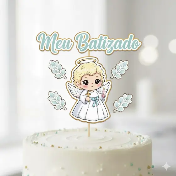 Topo de Bolo Anjinho Fofo Batizado Dourado | Meu Batizado Menino Menina | Decoração Festa Religiosa Delicada | Envio Ráp